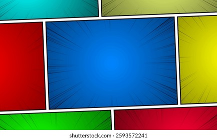 Comic book page template with radial and ray halftone effects in pop-art style. Colorful blank background.