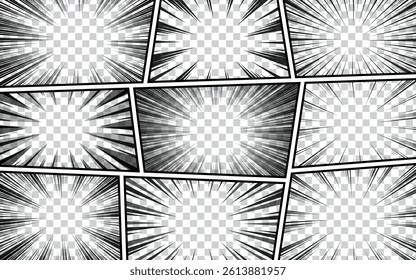 Comic book page template with radial effect, halftone, on transparent background. Pop art style. Vector illustration