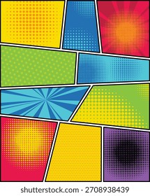 Modelo de página de quadrinhos com efeitos de meio-tom radial e raios em estilo pop-art. Fundo vazio e colorido. Ilustração vetorial