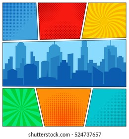 Comic book page template with radial backgrounds, halftone effects and city silhouette in pop-art style. Vector illustration