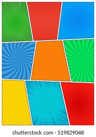 Comic book page template with rays radial dotted and halftone effects in pop-art style. Vector illustration