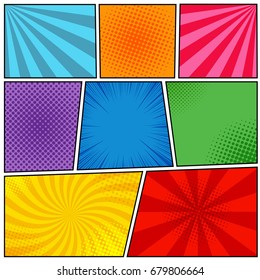 Comic book page template with rays, radial, halftone and dotted effects in different colors. Pop art style. Vector illustration