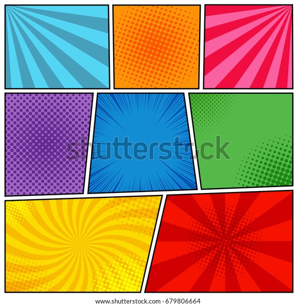 Comic book page template with rays, radial,\
halftone and dotted effects in different colors. Pop art style.\
Vector illustration