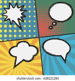 Comic book page template. Set of bubble speech at sunburst and dot halftone effect backgrounds. Vector illustration in pop art retro style.