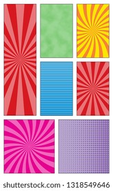 comic book page template with seven panels. colorful backgrounds for scenes and speech bubbles with halftone dotted background and radial lines