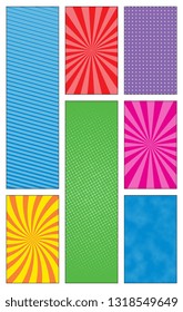 comic book page template with seven panels. colorful backgrounds for scenes and speech bubbles with halftone dotted background and radial lines