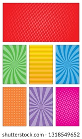 comic book page template with seven panels. colorful backgrounds for scenes and speech bubbles with halftone dotted background and radial lines