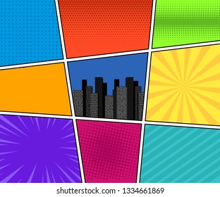 Comic book page template with the silhouette of the city and different backgrounds. Vector illustration in pop-art style. 