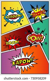 Comic book page. Template with sound effects, KAPOW, POW, KABOOM, BOOM!