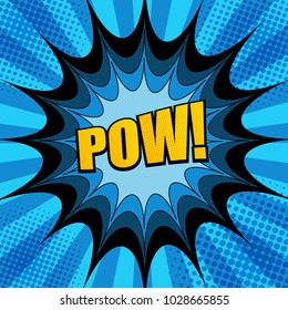 Comic book page template with yellow Pow wording blue speech bubbles halftone and radial humor effects on blue background. Vector illustration