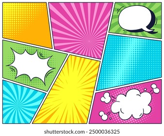 Plantillas de página de cómic con diseño de popart y burbujas de diálogo de diferentes Formas. Composición dinámica creativa divertida, cubierta decorativa y Ilustración vectorial de diseño de scrapbook