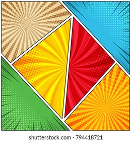 Comic book page templates set with halftone radial rays humor effects in bright colors. Pop-art style. Blank background