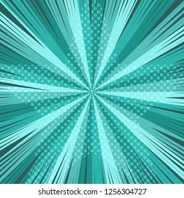 Comic book page turquoise template with halftone star radial and rays humor effects. Vector illustration