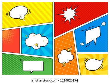 Comic book page with various speech bubbles, symbols and sound effects. Halftone Backgrounds. Vector illustration