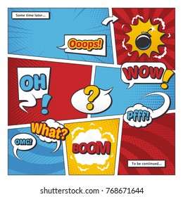 Comic book page vector template with cartoon elements and comic words in bubbles. Cloud cartoon halftone effects illutration