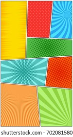 Comic book page vertical background of colorful frames dividing by lines with radial, dotted, halftone effects in pop-art style. Blank template. Vector illustration
