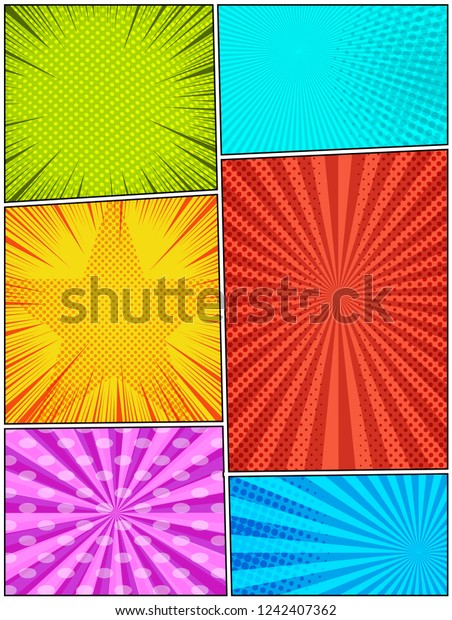Comic book page\
vertical background with rays radial dotted halftone star shape\
humor effects. Vector\
illustration