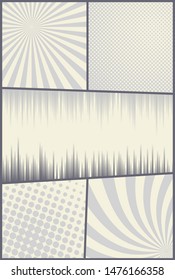 Comic book page vertical composition with radial halftone rays humor effects in monochrome style. Vector illustration