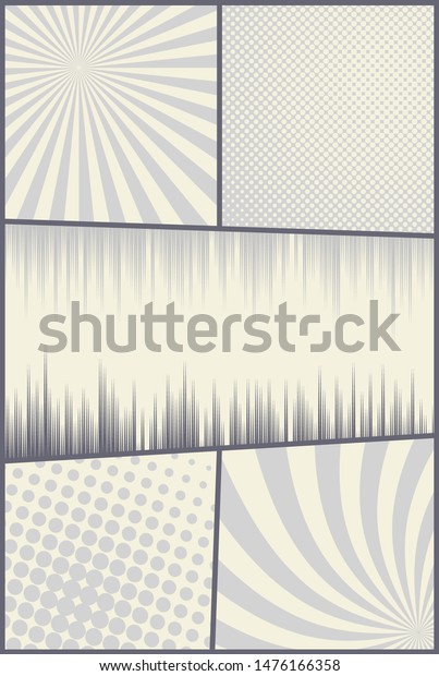 Comic\
book page vertical composition with radial halftone rays humor\
effects in monochrome style. Vector\
illustration