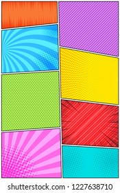 Comic book page vertical template with rays halftone radial stripes humor effects. Vector illustration