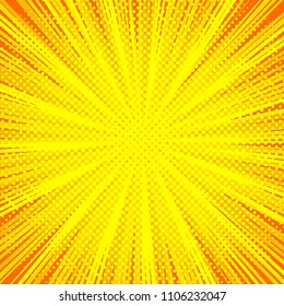 Comic book page yellow background with orange rays radial and halftone humor effects. Vector illustration