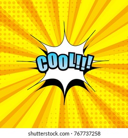 Comic book page yellow background with blue Cool word, white speech bubble, halftone and radial effects. Vector illustration