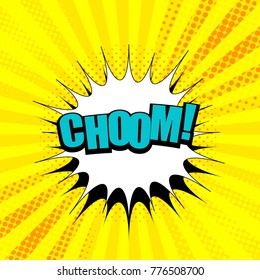 Fondo amarillo de la página del libro de historietas con efectos radiales y de medio tono de la frase "Choom". Ilustración del vector
