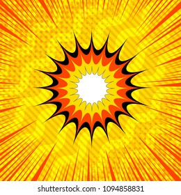 Comic book page yellow template with blank speech bubble, rays, halftone, slanted lines and waves effects. Vector illustration