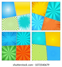 Comic book pages bright collection with backgrounds of four scenes dotted radial circles halftone and rays humor effects in different colors. Vector illustration