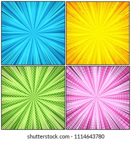 Comic book pages collection with bright dotted rays circles radial explosive halftone humor effects in blue yellow green pink colors. Vector illustration