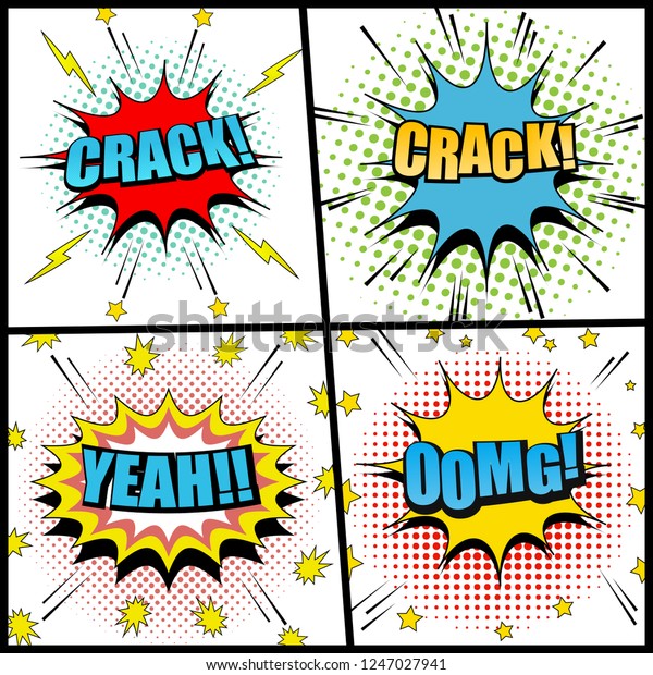 Comic book pages\
collection with colorful speech bubbles Crack Yeah Omg inscriptions\
lightnings stars sound halftone effects on white backgrounds.\
Vector illustration