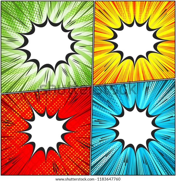 Comic book\
pages colorful set with white speech bubbles noise radial rays grid\
and halftone effects. Vector\
illustration