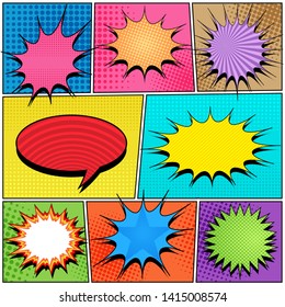 Comic book pages composition with colorful speech bubbles and different humor effects on halftone backgrounds. Vector illustration