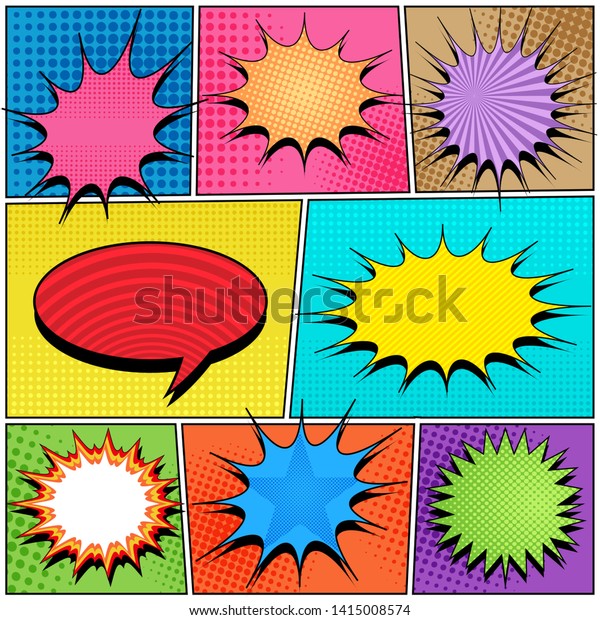 Comic book pages composition with colorful\
speech bubbles and different humor effects on halftone backgrounds.\
Vector illustration