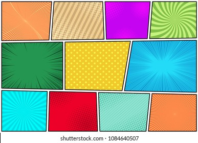 Comic book pages composition with halftone rays dotted radial striped effects in different bright colors in pop-art style. Vector illustration