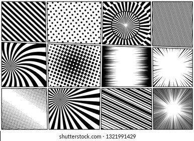 Comic book pages composition with radial rays slanted lines spiral dotted lightnings halftone humor effects in black and white colors. Vector illustration