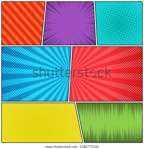 Comic book pages concept\
with radial rays slanted lines halftone humor effects. Vector\
illustration