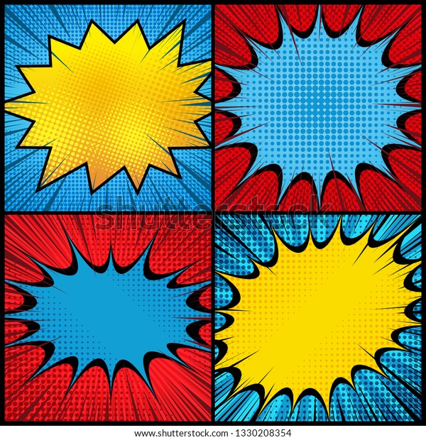 Comic book pages explosive set with big\
speech bubbles halftone and rays humor effects in yellow blue and\
red colors. Vector\
illustration