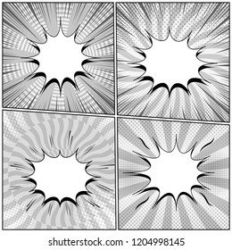 Comic book pages monochrome collection with blank speech bubbles radial circles spiral lightnings and halftone effects. Vector illustration