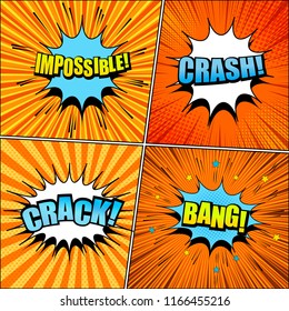 Comic book pages orange bright background with colorful Impossible Crash Crack Bang inscriptions stars sound radial rays and halftone effects. Vector illustration