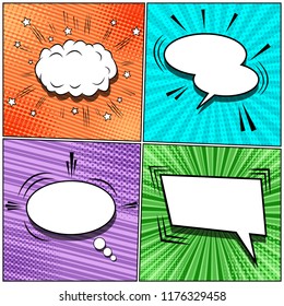 Comic book pages set with blank speech bubbles sound stars radial slanted lines and halftone effects. Vector illustration