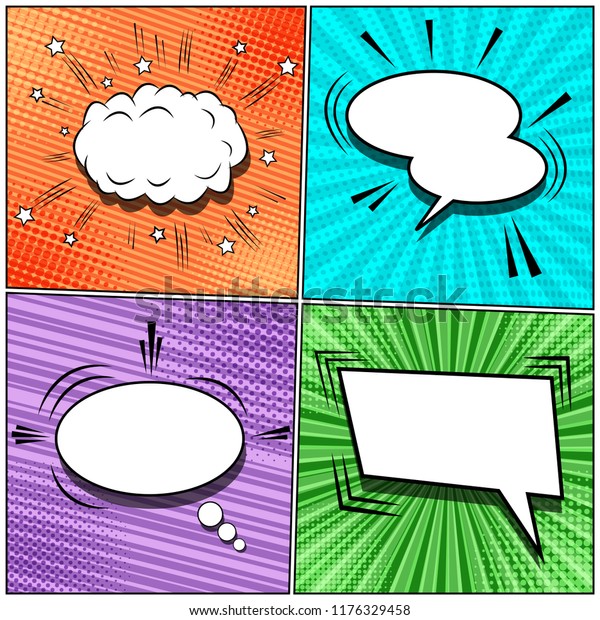 Comic\
book pages set with blank speech bubbles sound stars radial slanted\
lines and halftone effects. Vector\
illustration