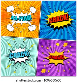 Comic book pages set with colorful Kapow Crack Smash inscriptions sound halftone radial stars lightnings rays effects. Vector illustration