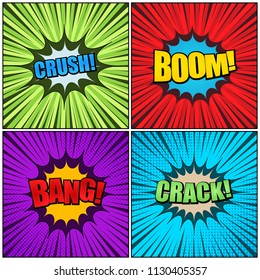 Comic book pages set with colorful Crush Boom Bang Crack wordings radial rays and halftone effects on green red purple blue backgrounds. Vector illustration