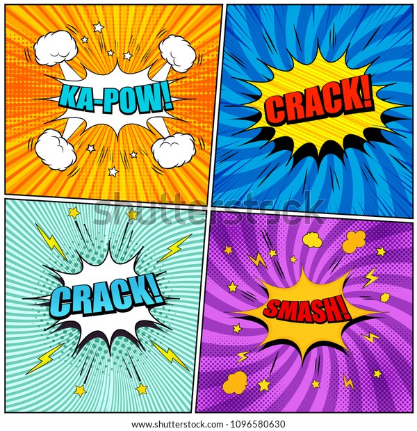 Comic book pages set with colorful Kapow\
Crack Smash inscriptions sound halftone radial stars lightnings\
rays effects. Vector\
illustration