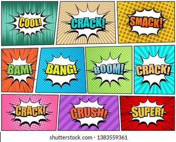 Comic Book Pages Set With Crack Smack Cool Bam Bang Boom Super Crush Wordings White Speech Bubbles And Different Humor Effects. Vector Illustration