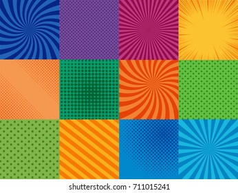 Comic book pages set with twelve colorful backgrounds, radial, rays, dotted, halftone and slanted lines effects in pop-art style. Vector illustration
