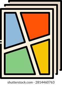 Comic Book Pages Stack Icon. A stack of layered comic book pages icon representing multiple issues and publication depth. Suitable for comic collection displays, library archives, and publishing catalog materials.