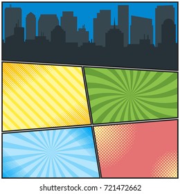 Comic book pages template with different radial backgrounds and city silhouette. Colorful vector backgrounds in pop-art style