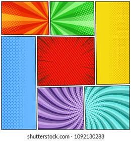 Comic book pages template with halftone radial slanted lines and rays effects in different colors. Vector illustration